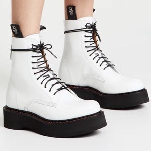 R13 single stacked lace up boots white patent